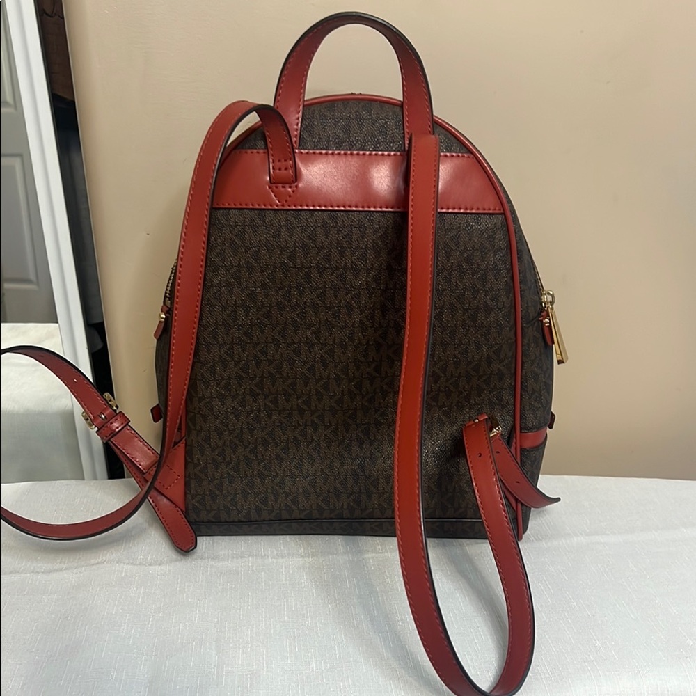 Michael Kors RARE Rhea Signature Backpack w/red snakeskin and MK logo - Picture 2 of 11
